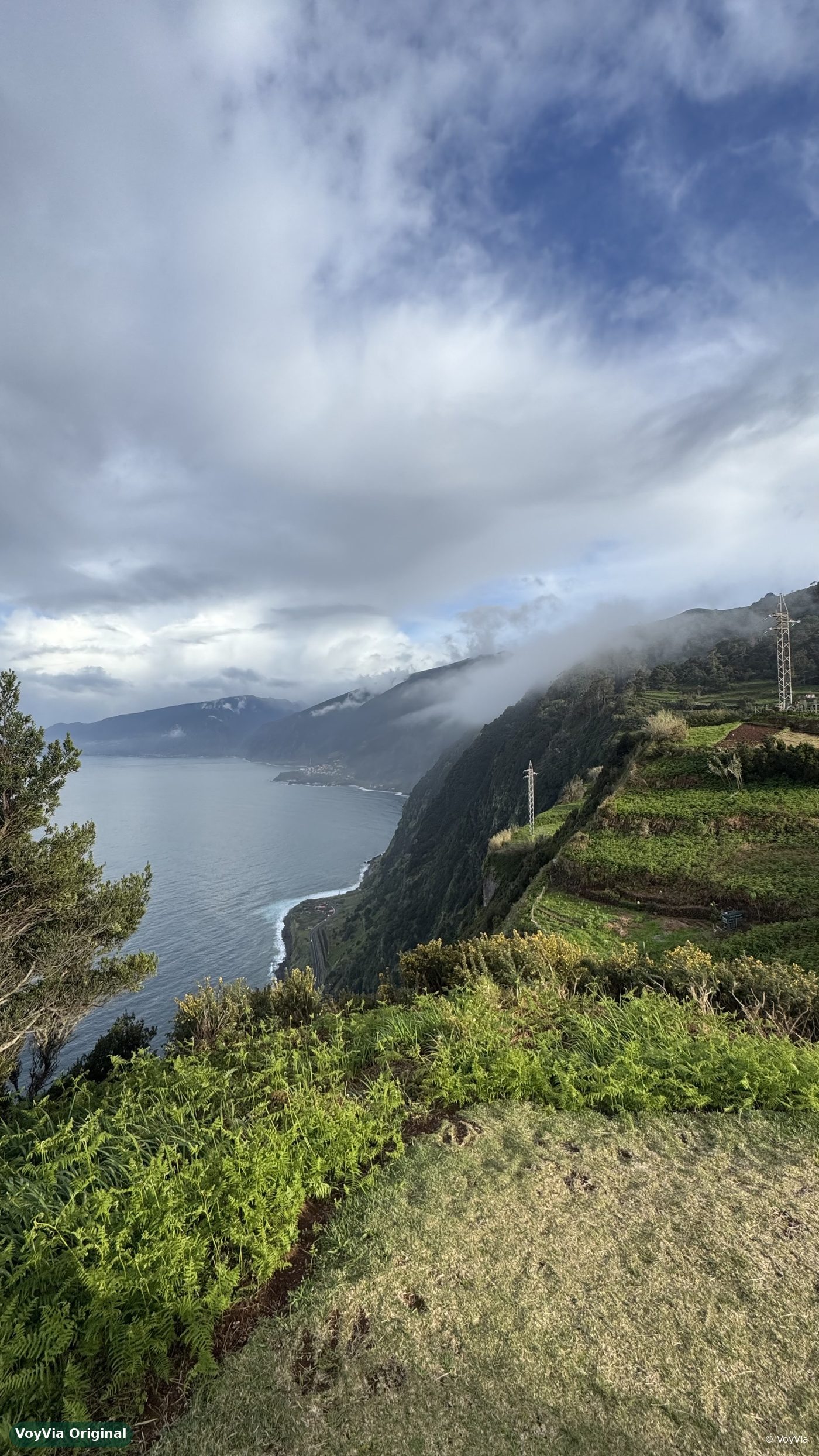 View over terraced green fields and cliffs to the ocean on the north coast of Madeira.