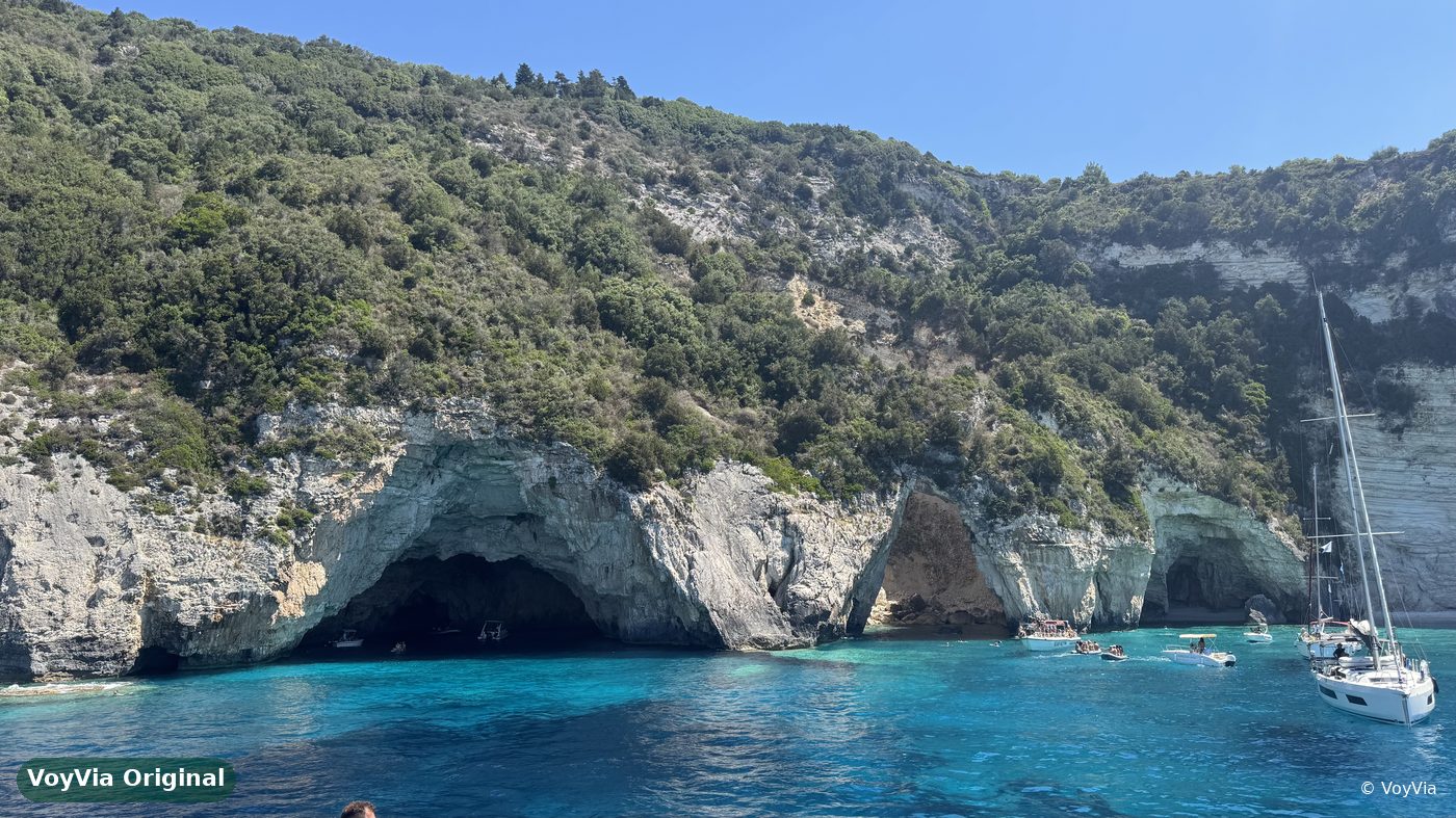 White sea caves and turquoise water on the west coast of Paxos, Greece.